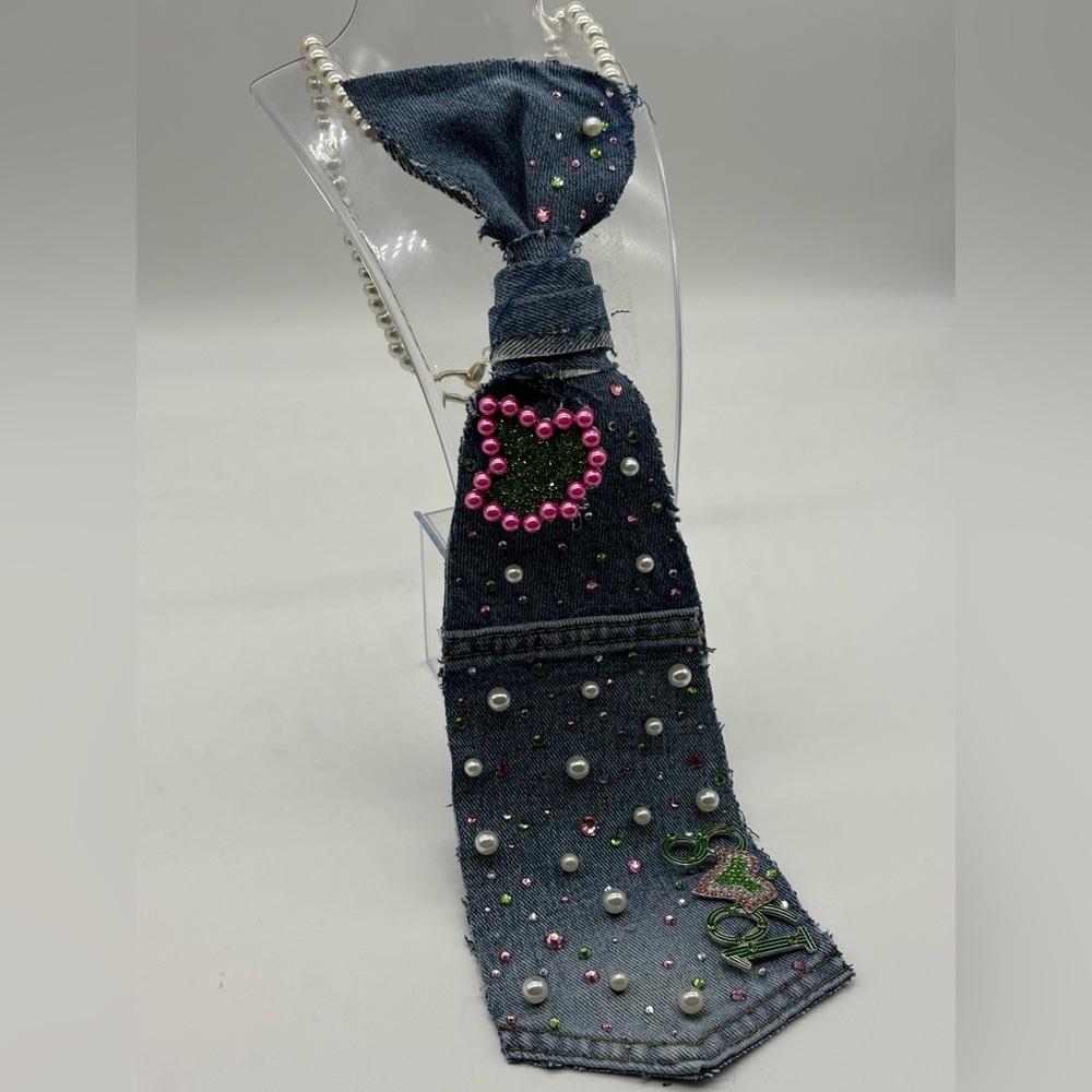Denim Pearl-Embellished AKA inspired Pearl Tie